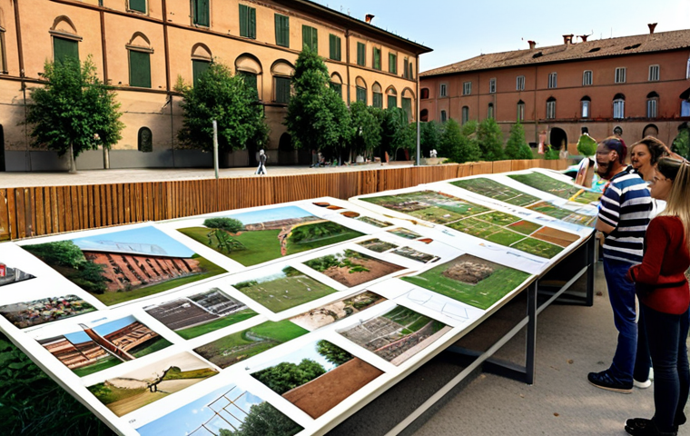 Community Park Analysis & Workshop**

Prompt: "Urban park design workshop, Bologna, Italy. Diverse group of people (families, seniors, young adults) collaborating on park plans. Focus on integrating historical industrial elements.  Inspiration board with photos of old factory, community memories, green space concepts.  Warm, inviting atmosphere.  Sustainable design elements subtly visible."

**