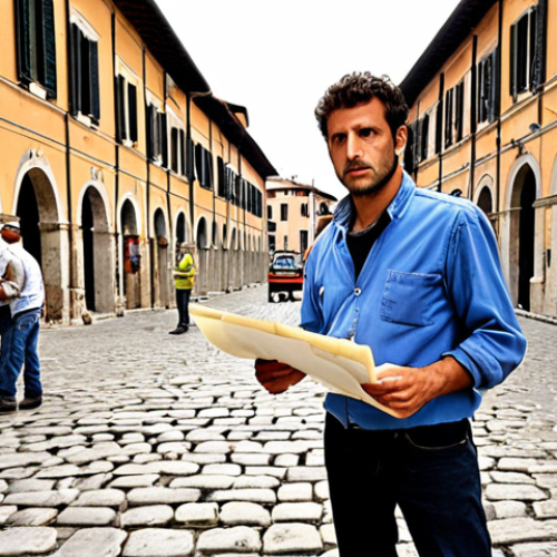 **Image 1 Prompt:** A young, determined Italian landscape architect stands amidst the organized chaos of a historic piazza renovation site in a small Italian province. They are holding blueprints and a rolled-up scroll of permits, looking from the papers to the practical elements on site, such as ancient cobblestones and new drainage pipes. In the background, workers are busy, and traditional Italian architecture with weathered facades is visible, symbolizing the blend of theory, bureaucracy, and on-site challenges in bringing a design to life. The mood is realistic, showing both the struggle and the underlying passion.