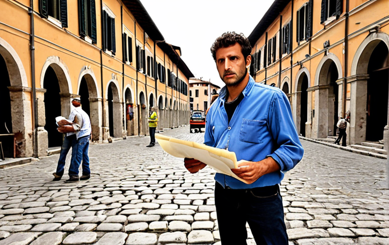 **Image 1 Prompt:** A young, determined Italian landscape architect stands amidst the organized chaos of a historic piazza renovation site in a small Italian province. They are holding blueprints and a rolled-up scroll of permits, looking from the papers to the practical elements on site, such as ancient cobblestones and new drainage pipes. In the background, workers are busy, and traditional Italian architecture with weathered facades is visible, symbolizing the blend of theory, bureaucracy, and on-site challenges in bringing a design to life. The mood is realistic, showing both the struggle and the underlying passion.