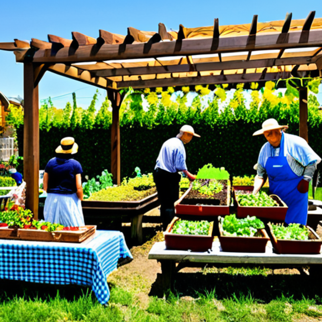 Community Garden Gathering**

"A vibrant community garden scene. Diverse group of people, fully clothed in gardening attire, working together. Raised garden beds overflowing with vegetables and flowers. Children are planting seedlings with adult supervision. A picnic table with a checkered tablecloth sits under a pergola draped with grape vines. Background: colorful houses and a clear blue sky. Safe for work, appropriate content, family-friendly, perfect anatomy, natural proportions, professional photography."

**