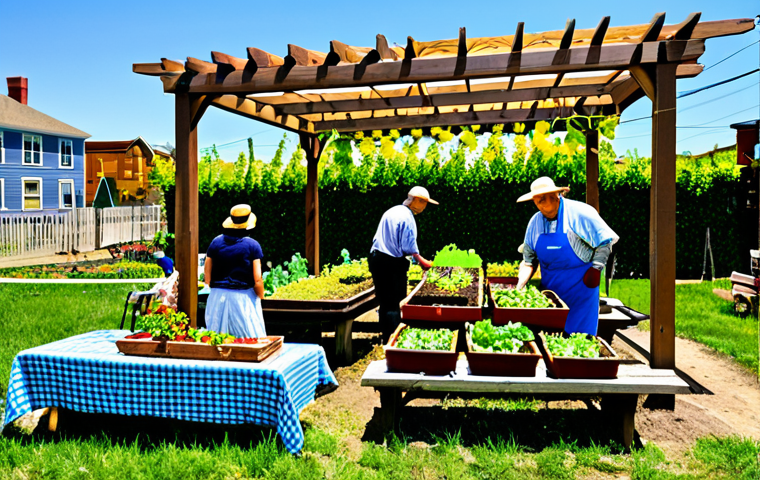 Community Garden Gathering**

"A vibrant community garden scene. Diverse group of people, fully clothed in gardening attire, working together. Raised garden beds overflowing with vegetables and flowers. Children are planting seedlings with adult supervision. A picnic table with a checkered tablecloth sits under a pergola draped with grape vines. Background: colorful houses and a clear blue sky. Safe for work, appropriate content, family-friendly, perfect anatomy, natural proportions, professional photography."

**