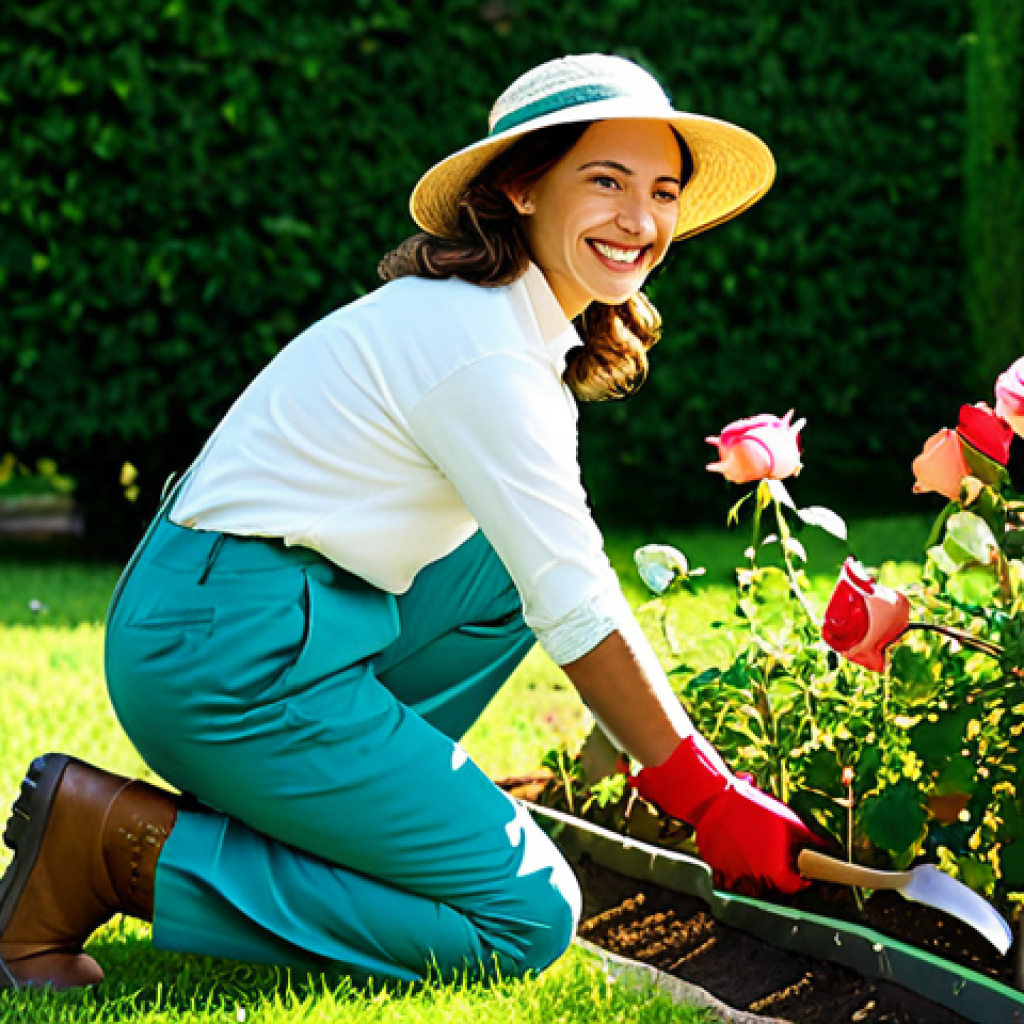 **

"A smiling female gardener, fully clothed in appropriate gardening attire (work pants, boots, gloves, sun hat), kneeling in a lush Italian garden filled with vibrant roses. She is carefully pruning a rose bush. The background features a classic Tuscan villa bathed in warm sunlight. Perfect anatomy, correct proportions, natural pose, well-formed hands, proper finger count, high-resolution, professional photography, safe for work, appropriate content, fully clothed, professional, modest, family-friendly."

**