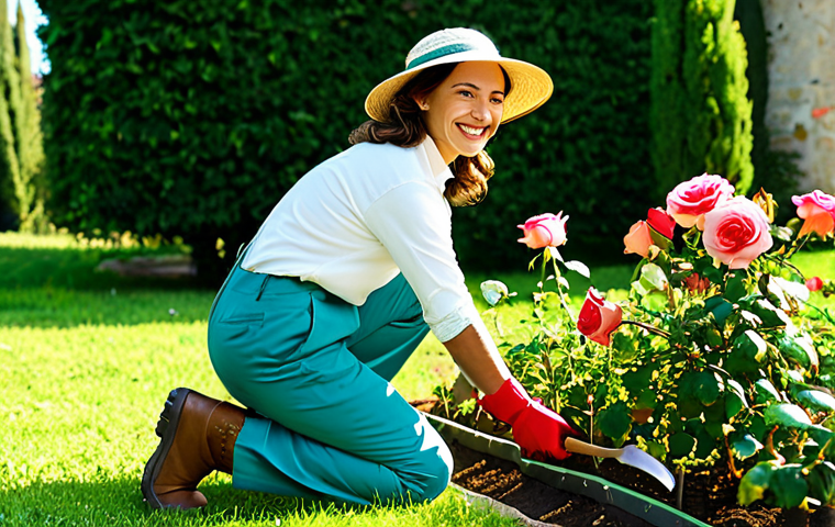 **

"A smiling female gardener, fully clothed in appropriate gardening attire (work pants, boots, gloves, sun hat), kneeling in a lush Italian garden filled with vibrant roses. She is carefully pruning a rose bush. The background features a classic Tuscan villa bathed in warm sunlight. Perfect anatomy, correct proportions, natural pose, well-formed hands, proper finger count, high-resolution, professional photography, safe for work, appropriate content, fully clothed, professional, modest, family-friendly."

**