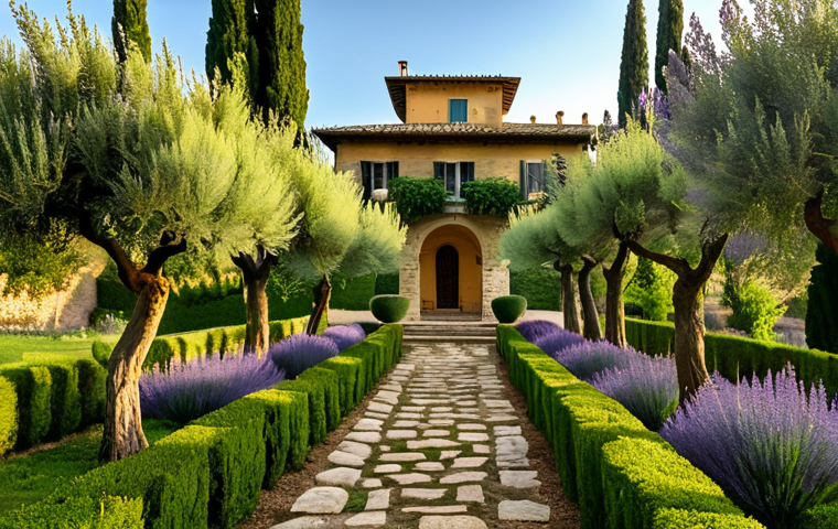 Tuscan Villa Garden**

"A picturesque Tuscan villa garden bathed in the golden light of late afternoon. Olive trees, cypresses, and lavender bushes fill the scene. A stone pathway leads to a charming pergola covered in wisteria. Perfect anatomy, correct proportions, natural pose. Fully clothed, appropriate attire, safe for work, professional photography, high quality, family-friendly setting."

**