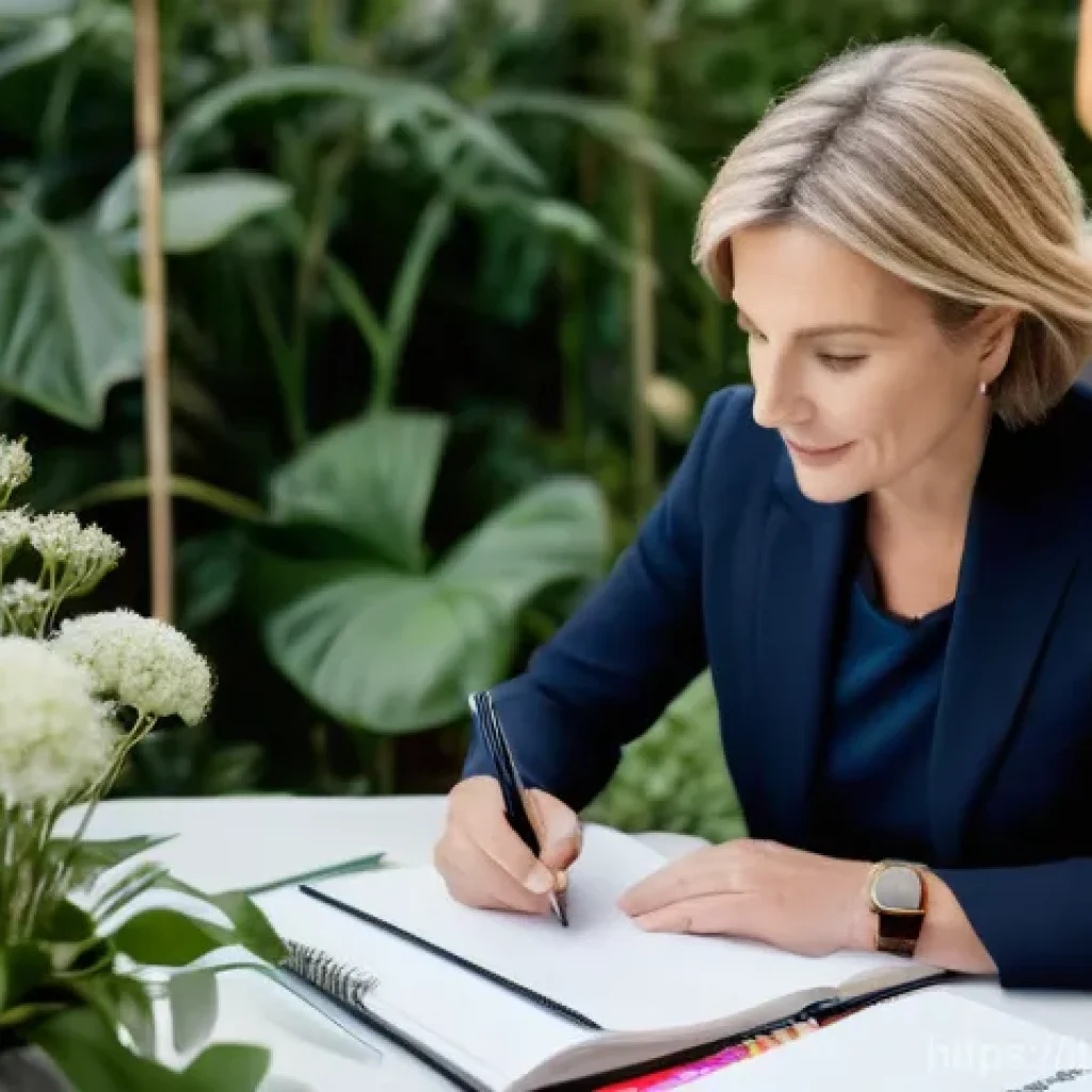 조경 분야에서의 협상 스킬 - **Prompt:** A professional female landscape architect in her late 30s, "Laura," with an attentive an...