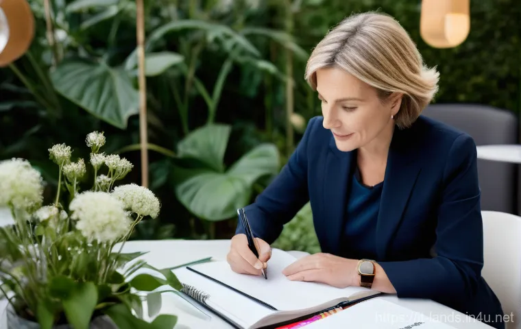 조경 분야에서의 협상 스킬 - **Prompt:** A professional female landscape architect in her late 30s, "Laura," with an attentive an...