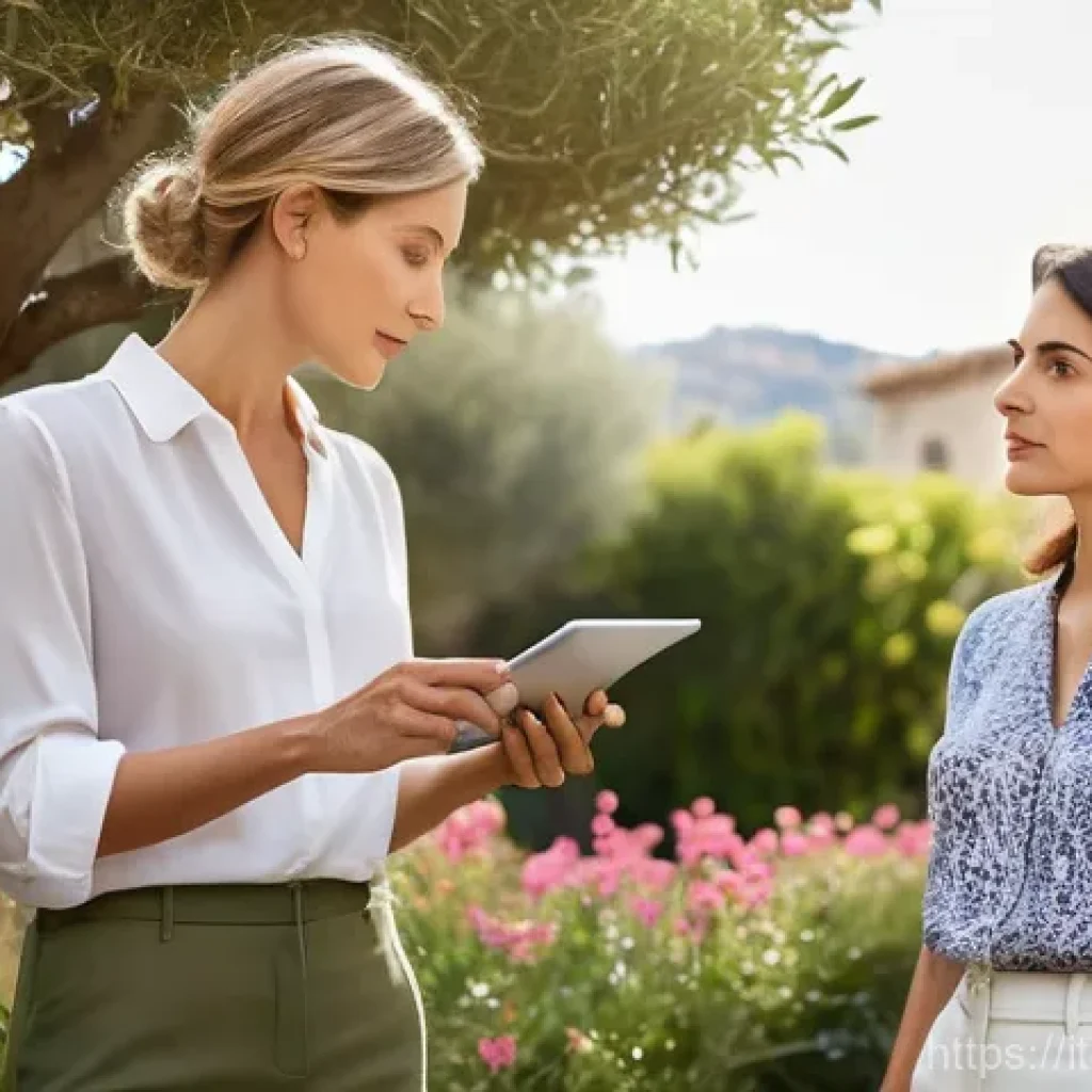 조경 프로젝트 팀원 역할 분배 방법 - **Prompt:** A professional and empathetic Italian female landscape architect, dressed in smart-casua...