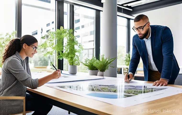 조경 관련 기업에서 인턴십 경험 나누기 - **Prompt:** A group of professional landscape architects and urban planners, diverse in age and gend...