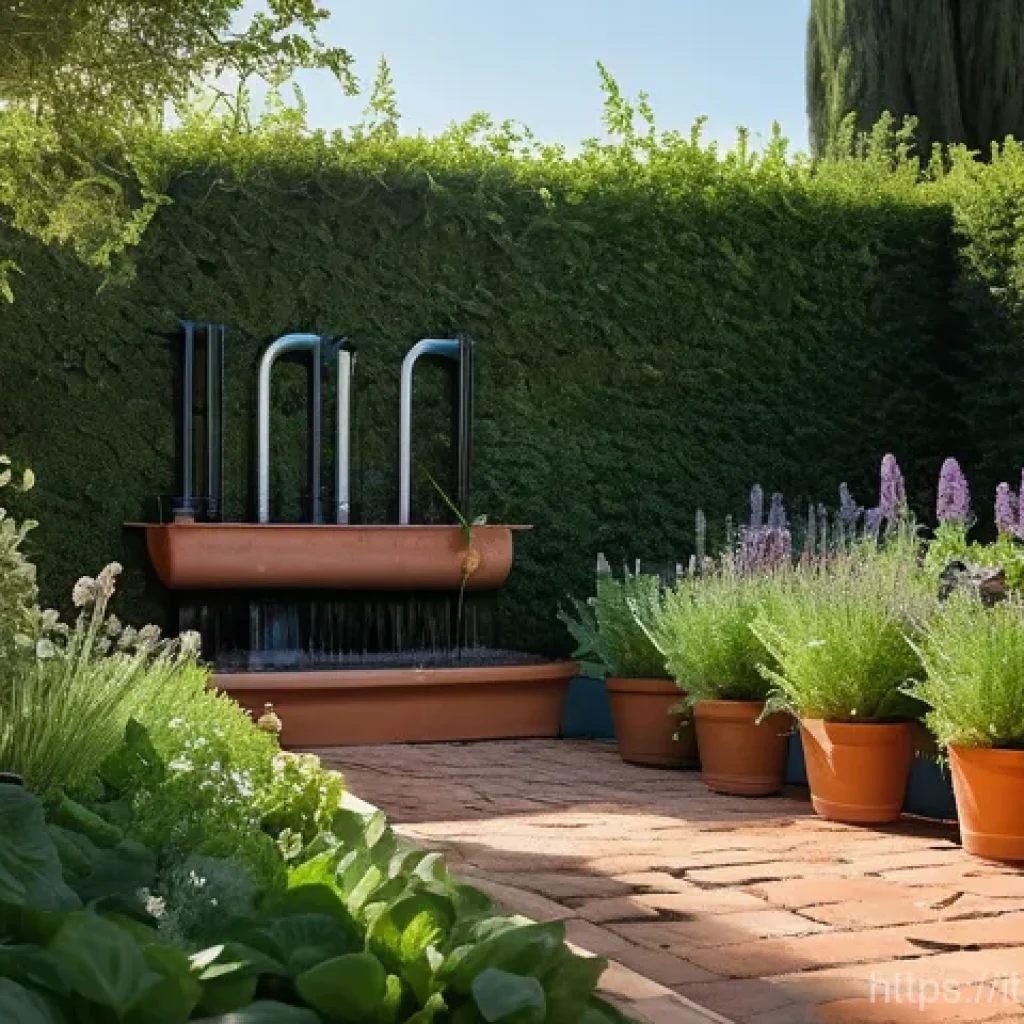 조경 분야의 지속 가능성 실천 사례 - **Smart Irrigation in an Italian Garden**: A vibrant, sun-drenched Italian garden featuring rows of ...