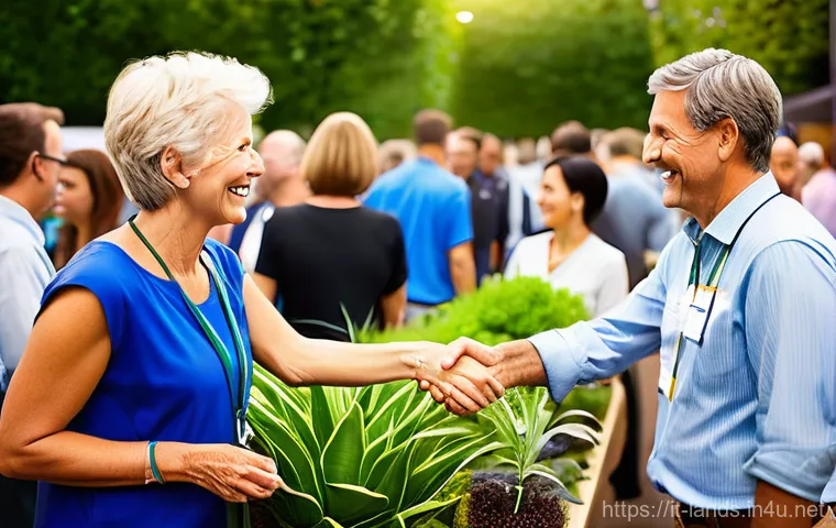 조경 업계 네트워킹 팁 - **Prompt 1: Vibrant Landscaping Event Networking**
    "A wide-angle, medium shot capturing a bustli...