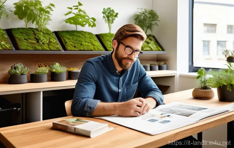 조경 회사 취업에 유리한 조건 - **Prompt 2: Future-Forward Sustainable Landscape Design Presentation**
    A landscape architect, a ...