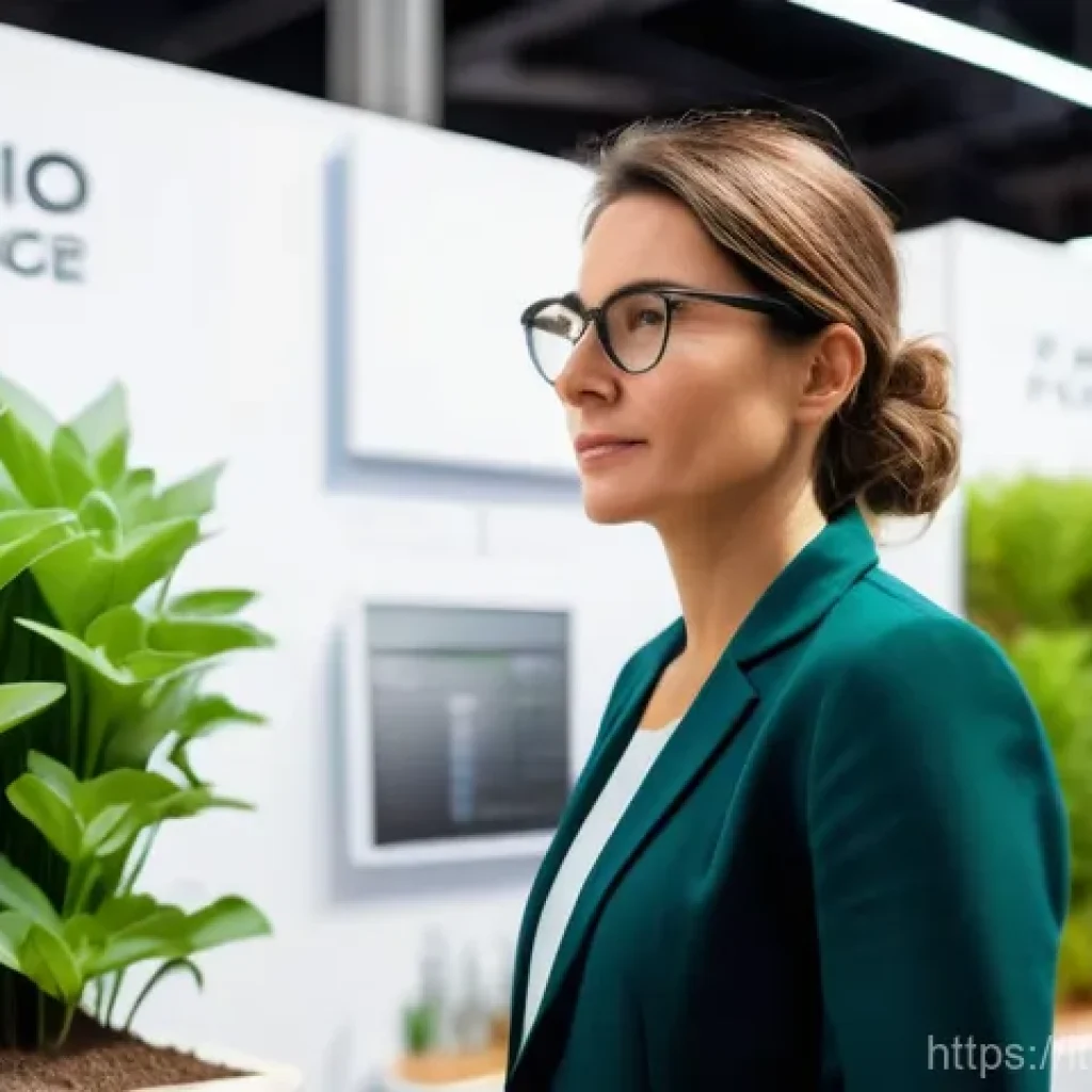 조경 전문가로서의 자기 계발 방법 - A professional landscape architect, a woman in her late 30s with a thoughtful expression, stands at ...