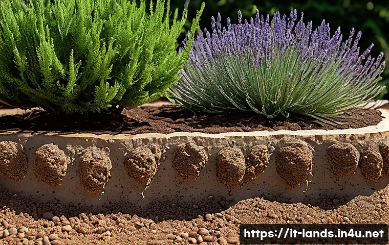 조경 전문가가 되기 위한 꾸준한 학습법 - A detailed close-up of a diverse soil profile in a Mediterranean garden setting, showing layers of s...