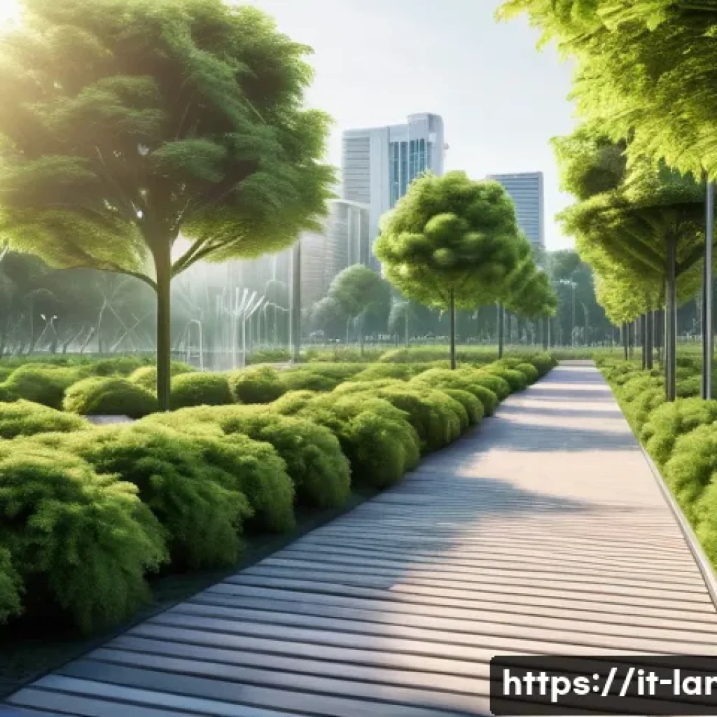 조경 분야에서의 데이터 분석 활용법 - A high-tech urban green park scene featuring environmental sensors discreetly installed among vibran...
