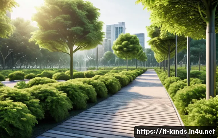 조경 분야에서의 데이터 분석 활용법 - A high-tech urban green park scene featuring environmental sensors discreetly installed among vibran...