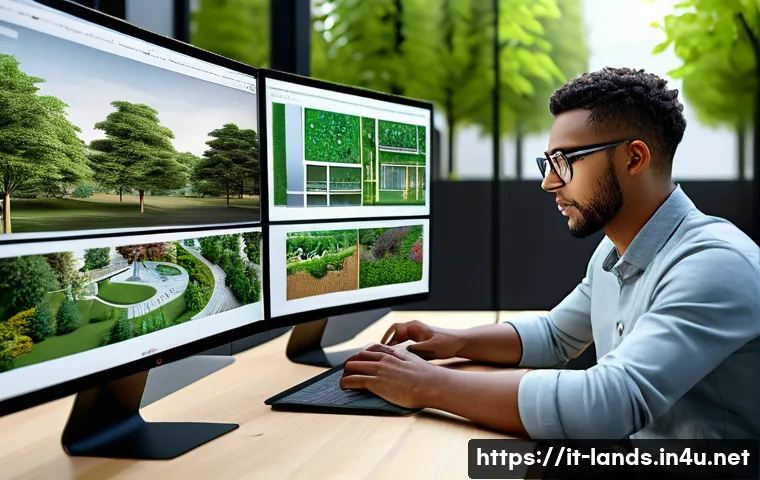 조경 설계 소프트웨어 활용법 - A professional landscape architect working on a medium-sized urban park project using advanced 3D mo...