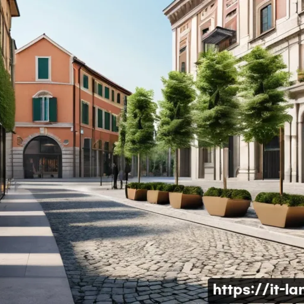 조경 실무에서의 법률과 규제 - A detailed urban landscape design scene in an Italian city setting, featuring a public green space w...
