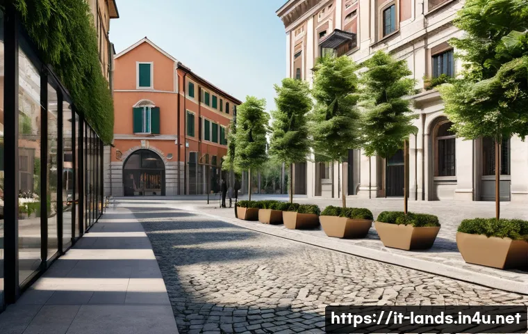 조경 실무에서의 법률과 규제 - A detailed urban landscape design scene in an Italian city setting, featuring a public green space w...