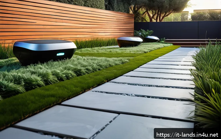 조경 분야의 새로운 비즈니스 모델 - A modern Italian urban garden showcasing smart home automation technology: lush greenery with native...