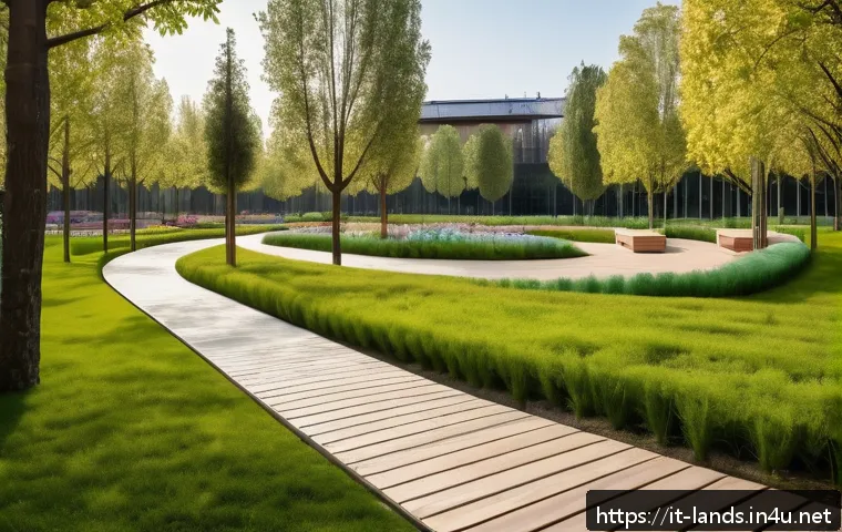 조경 분야의 글로벌 트렌드 - A vibrant urban park in Milan during spring, showcasing lush green trees, colorful flower beds, and ...