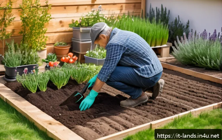 조경 업무 일정 관리 팁 - A vibrant urban garden scene in early spring in Italy, showing a gardener testing soil pH with a han...