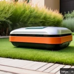 조경 산업 전망  10년 후의 변화 - A serene urban garden scene in an Italian city featuring a modern robotic lawn mower quietly trimmin...