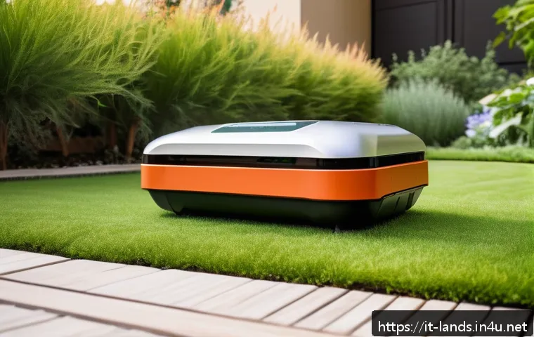 조경 산업 전망  10년 후의 변화 - A serene urban garden scene in an Italian city featuring a modern robotic lawn mower quietly trimmin...