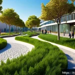 조경 시공과 설계의 협력 사례 - A modern urban green park designed with advanced 3D landscape modeling software, showcasing detailed...