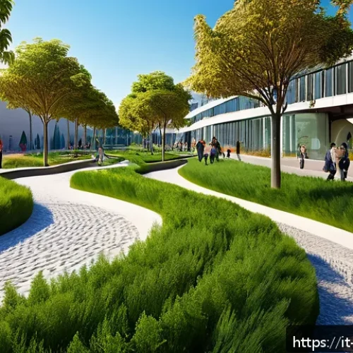 조경 시공과 설계의 협력 사례 - A modern urban green park designed with advanced 3D landscape modeling software, showcasing detailed...