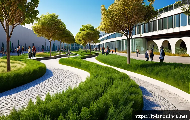 조경 시공과 설계의 협력 사례 - A modern urban green park designed with advanced 3D landscape modeling software, showcasing detailed...