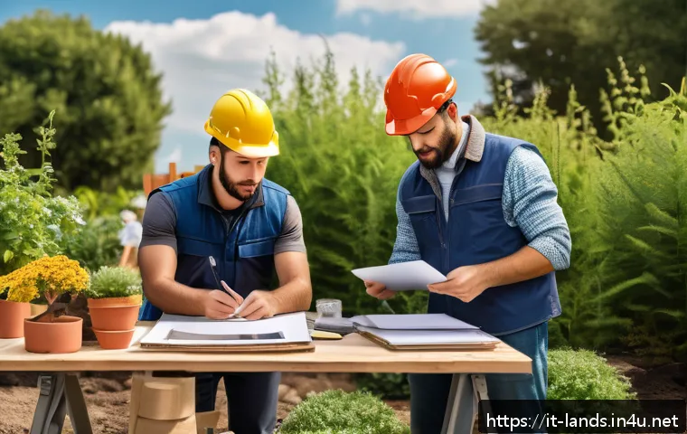 조경 현장 업무 일지 작성법 - A detailed construction site diary setup for a landscaping project, showing a professional outdoor w...