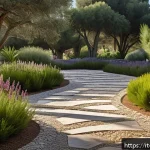 조경 설계에서 자연 요소 활용법 - A serene Italian garden scene featuring authentic local porphyry and travertine stones arranged stra...