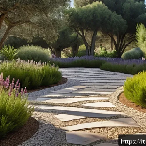 조경 설계에서 자연 요소 활용법 - A serene Italian garden scene featuring authentic local porphyry and travertine stones arranged stra...