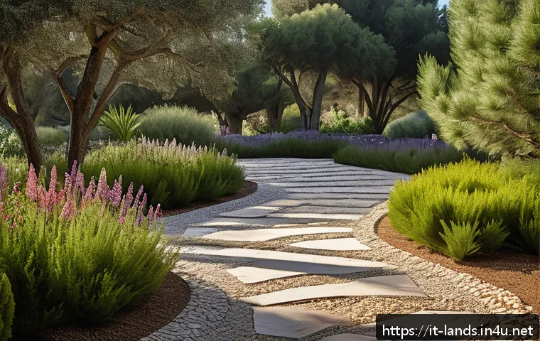 조경 설계에서 자연 요소 활용법 - A serene Italian garden scene featuring authentic local porphyry and travertine stones arranged stra...