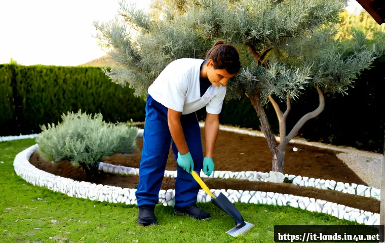 조경기사 실기 작업형 대비법 - Photorealistic Italian vocational landscaping practical exam practice, focused adult trainee in clea...